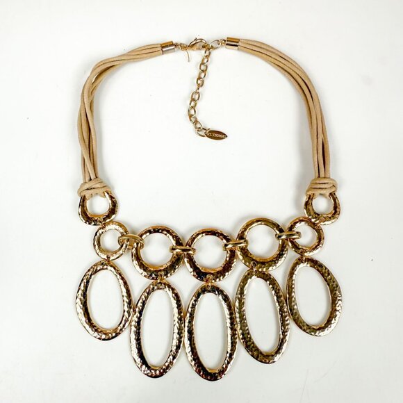 St Thomas Gold Tone Chunky Hammered Links Necklace  Leather Cords - Picture 4 of 5